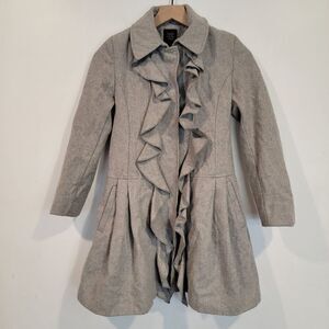 Saks Fifth Avenue Ruffle Peacoat Womens M Gray Wool Snap Closure